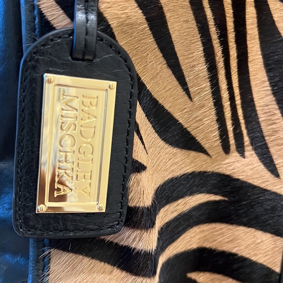 Badgley Mischka calf hair leather top handle tote handbag purse designer zebra - Picture 3 of 9